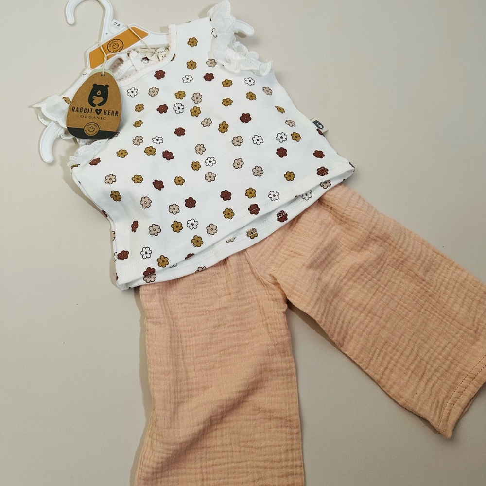 Rabbit + Bear Organic Cotton Floral Baby Top and Peach Pants Set